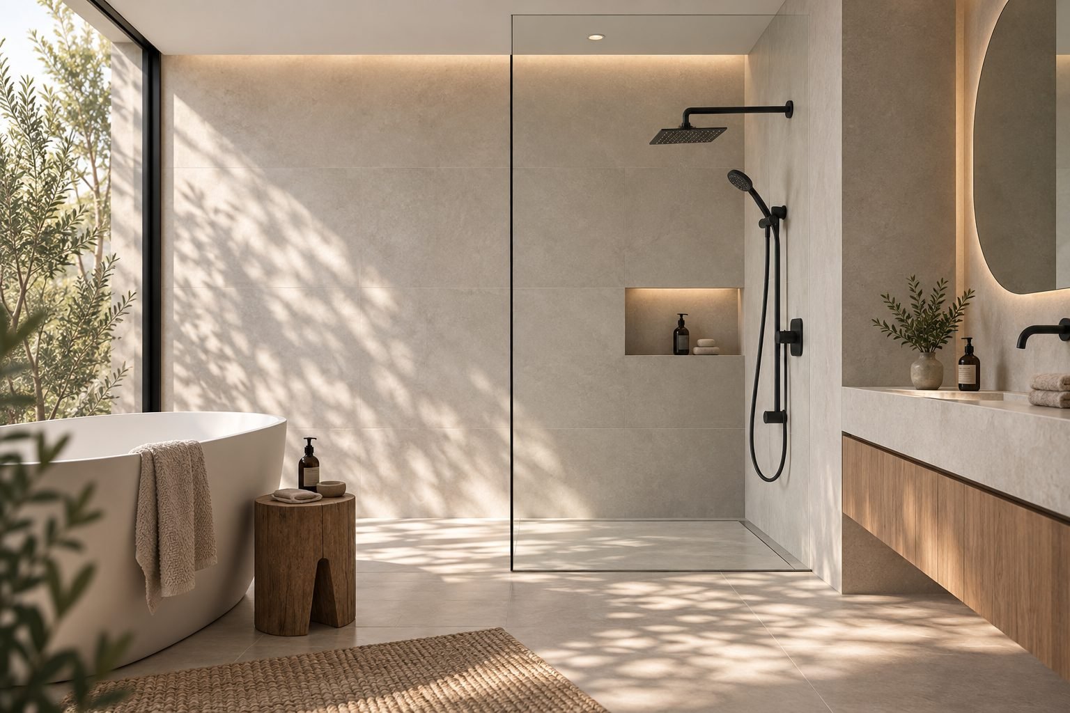 A calm, architectural bathroom interior